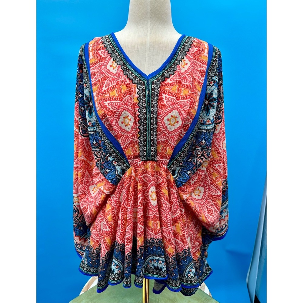 Anthro Flying Tomato Boho Paisley Mandala Kimono Sleeve Peplum Blouse XS